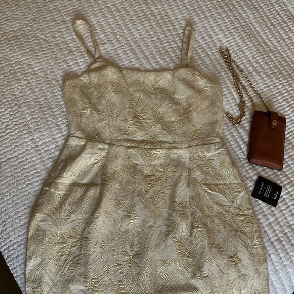 Cream and Gold Metallic Tropical Jacquard Mini Dress - Picture 5 of 8